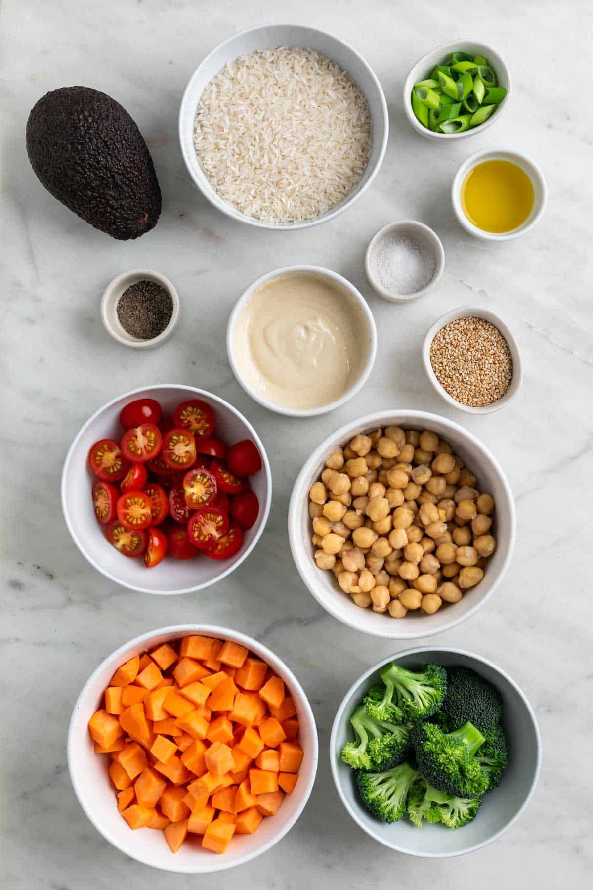 Ingredients for a vegan rice bowl.