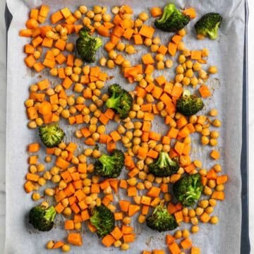 Roasted sweet potato, broccoli, and chickpeas.