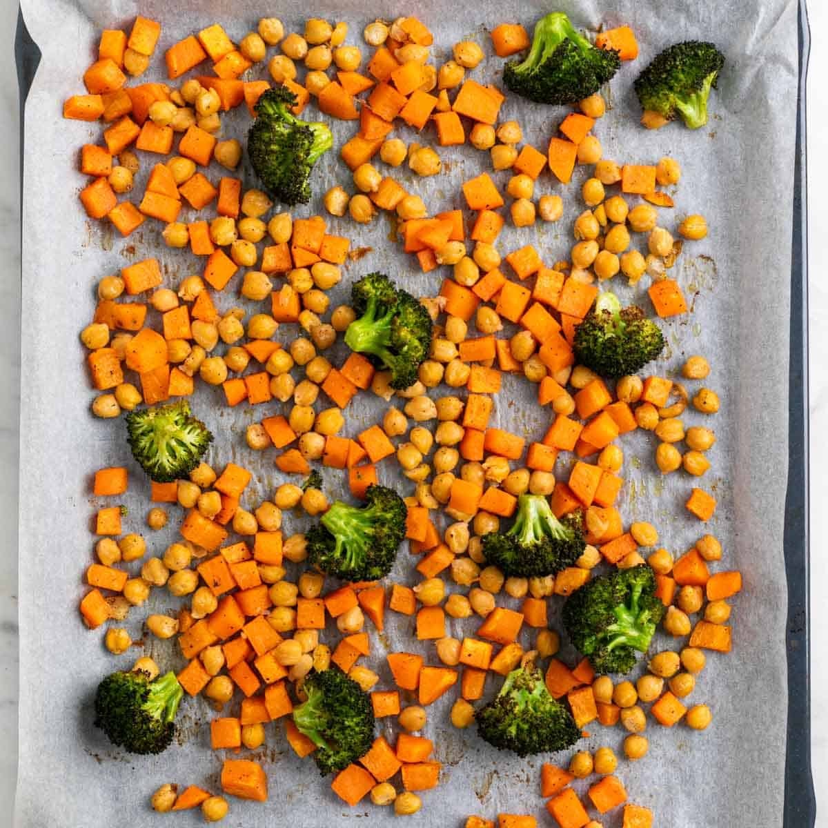 Roasted sweet potato, broccoli, and chickpeas.