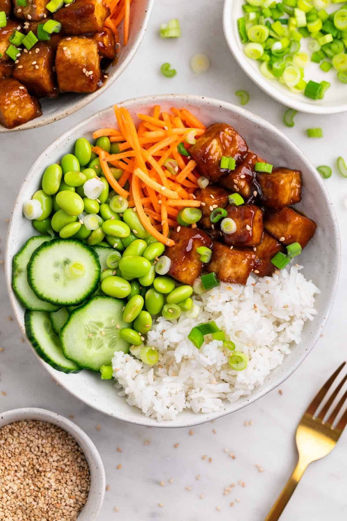 Two tofu rice bowls with sesame seeds, green onions, and a fork