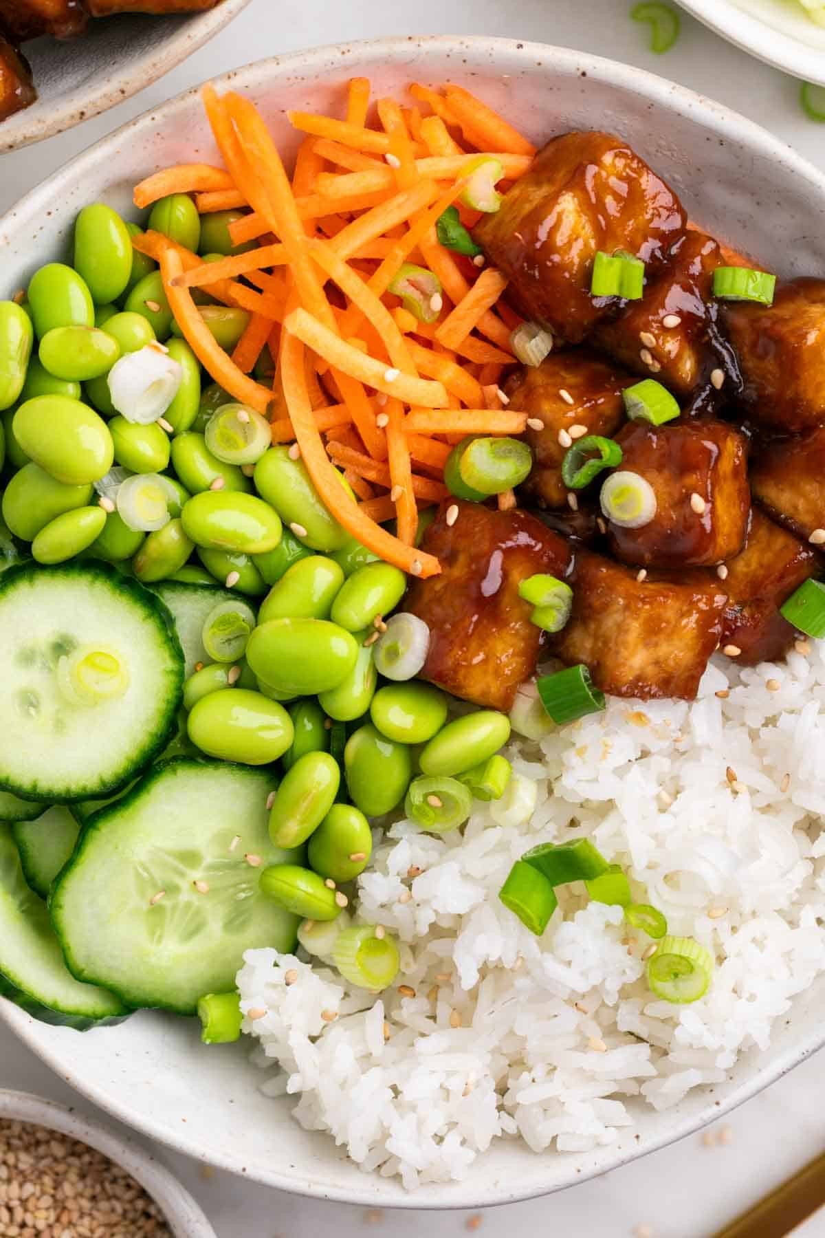Tofu rice bowls topped with sesame seeds and green onions, served with a fork