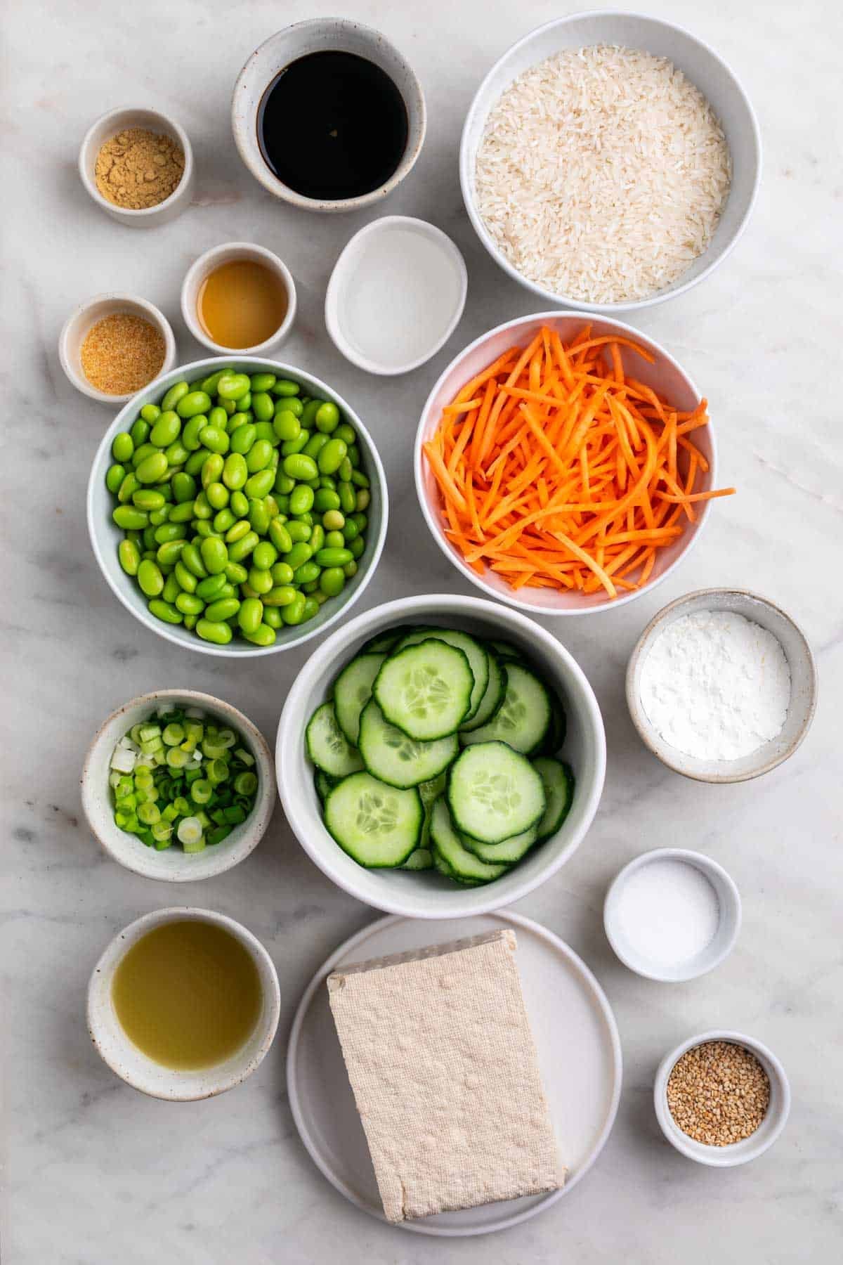 Ingredients to make a tofu rice bowl