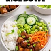 Two Asian-style tofu rice bowls with sesame seeds and scallions