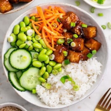Close-up of two tofu rice bowls with fresh toppings and a fork