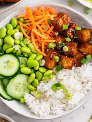 Close-up of two tofu rice bowls with fresh toppings and a fork