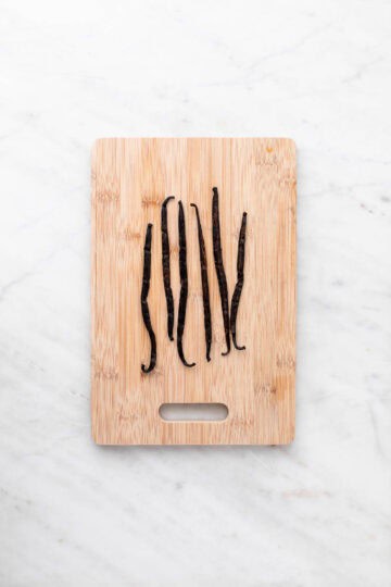 Vanilla beans on a cutting board