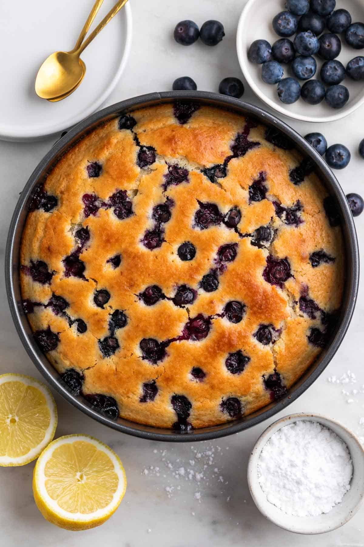 Freshly baked vegan lemon blueberry cake surrounded by lemon, powdered sugar, and blueberries