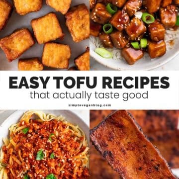 Crispy tofu, tofu tacos, and tofu dinners in a recipe collage