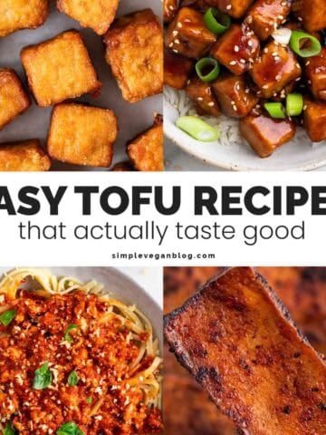 Crispy tofu, tofu tacos, and tofu dinners in a recipe collage