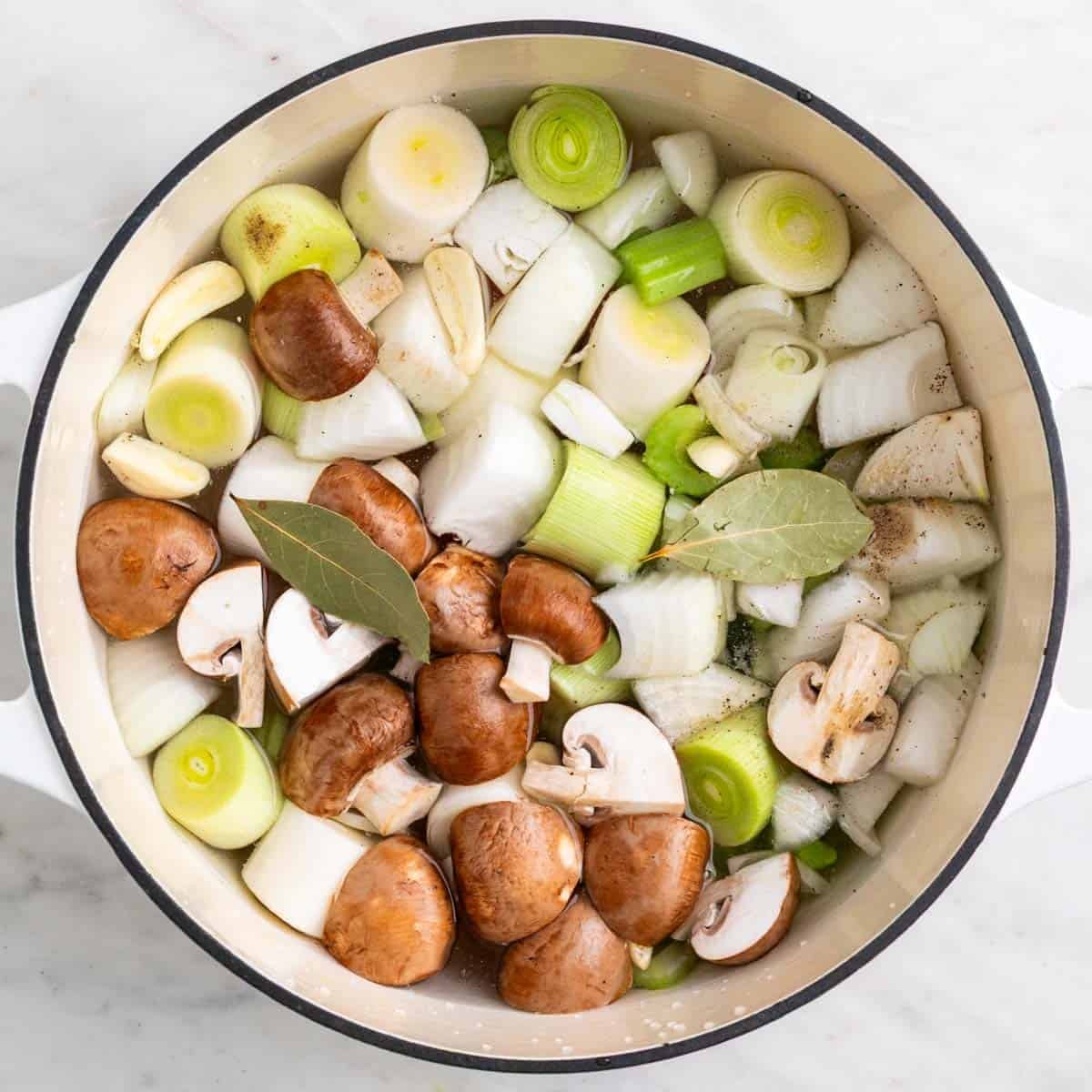 Ingredients in a pot to make vegetable broth