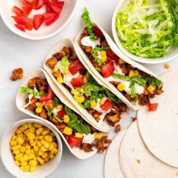 Tacos filled with tofu taco meat and toppings