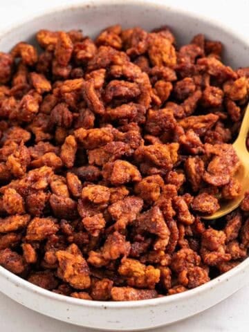 Vegan bacon bits with a crispy texture served in a bowl