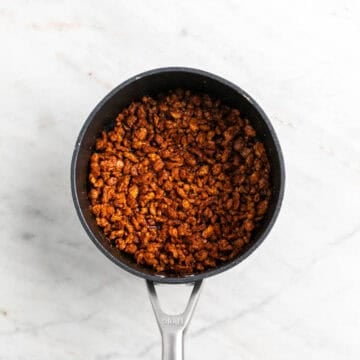 TVP coated in smoky marinade for vegan bacon bits