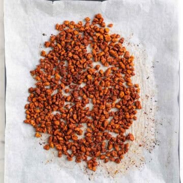 Vegan bacon bits after baking until golden brown