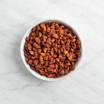 Bowl of homemade vegan bacon bits ready to serve