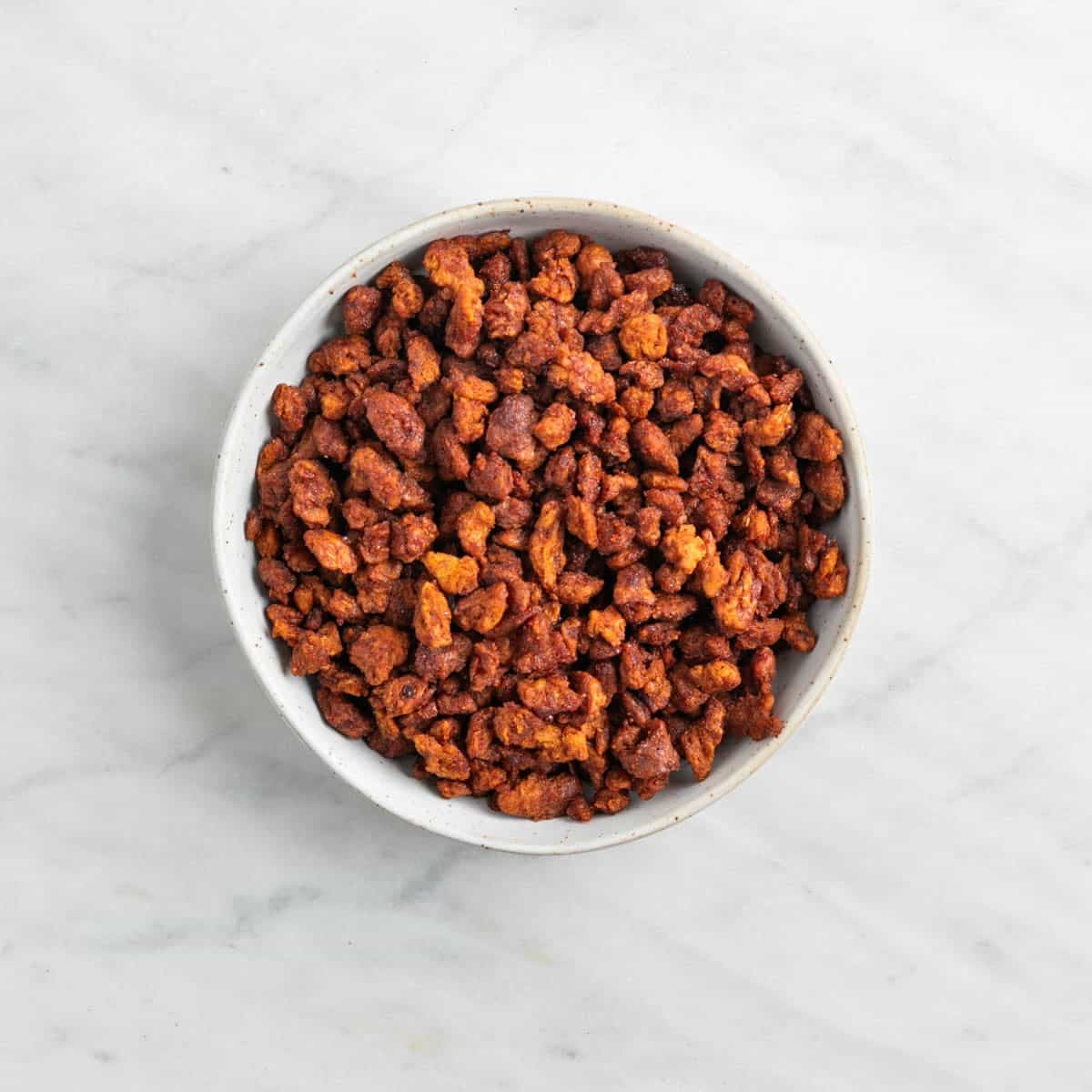 Bowl of homemade vegan bacon bits ready to serve