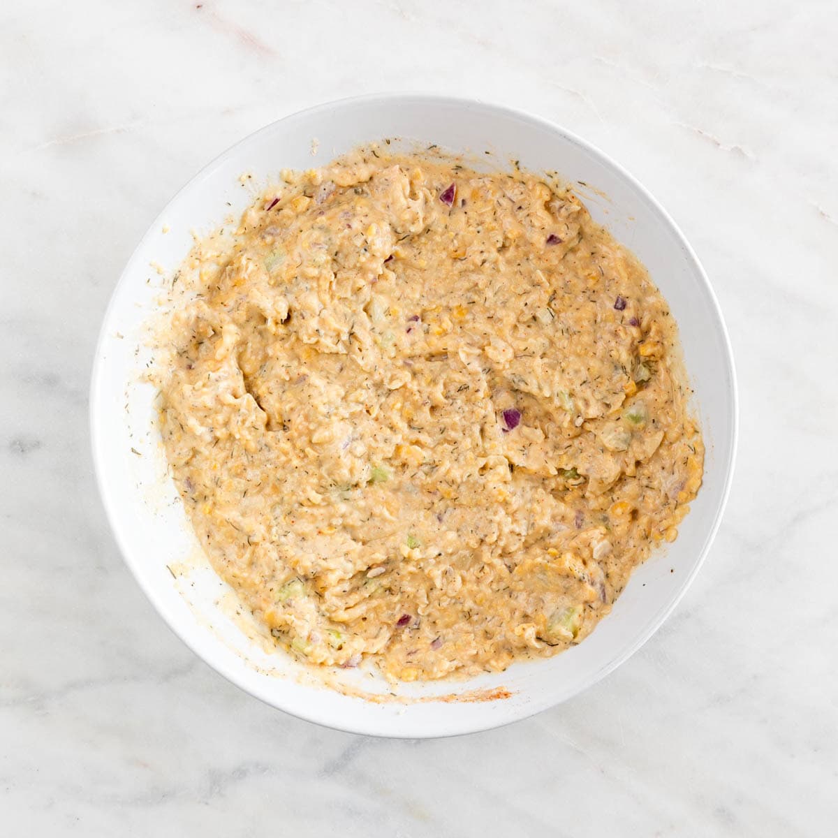 Vegan chicken salad in a shallow dish