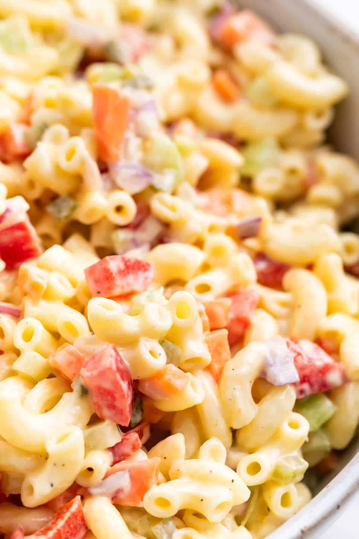 Large bowl of creamy vegan macaroni salad