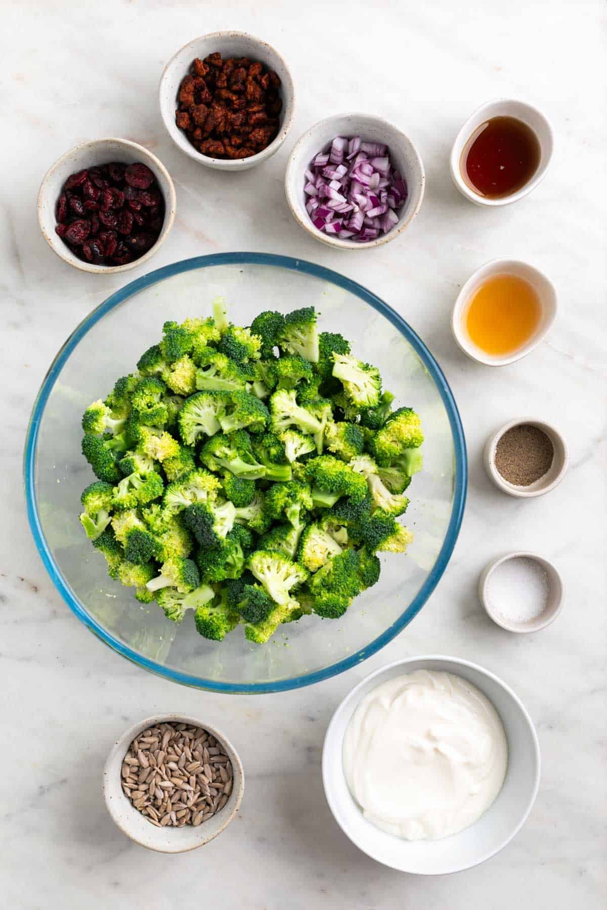 Ingredients for vegan broccoli salad