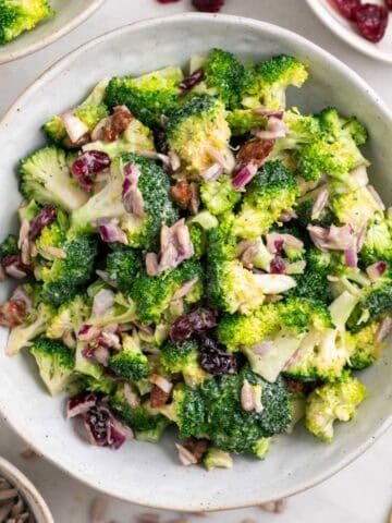 Vegan broccoli salad served in individual bowls, ready to enjoy