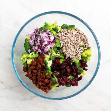 Broccoli, red onion, sunflower seeds, dried cranberries, and vegan bacon bits in a large mixing bowl