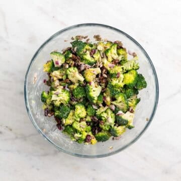 Vegan broccoli salad after chilling for 1 hour in the refrigerator, ready to serve