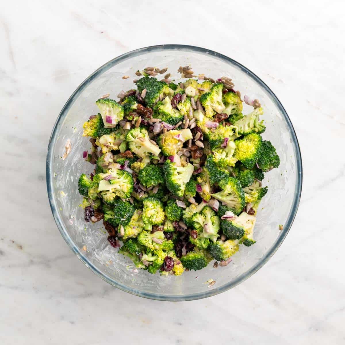 Vegan broccoli salad after chilling for 1 hour in the refrigerator, ready to serve