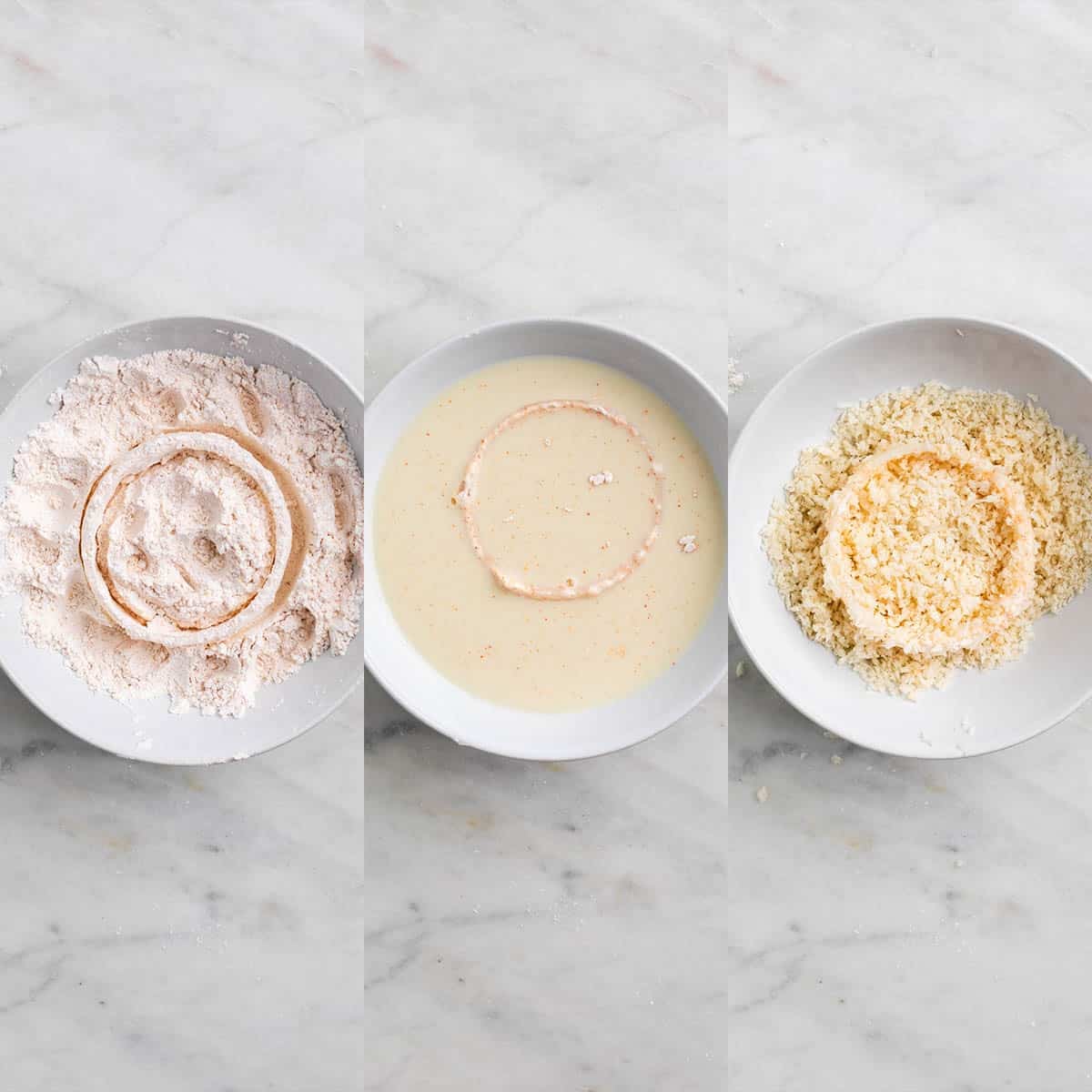 Onion ring being coated in flour, soy milk mixture, and breadcrumbs
