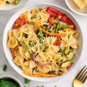 Homemade vegan pasta primavera topped with basil and grated vegan cheese