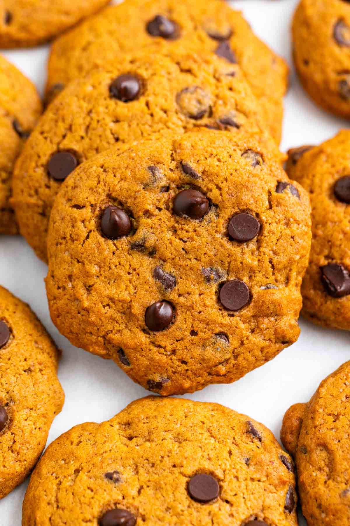 Vegan pumpkin chocolate chip cookies arranged on a white background