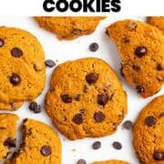 Vegan pumpkin chocolate chip cookies, some whole and some broken in half