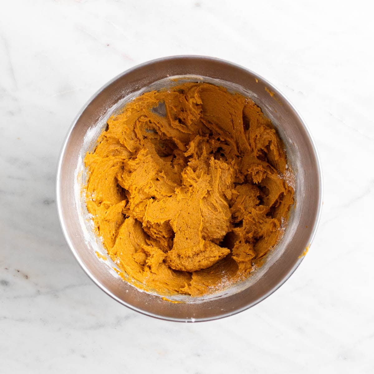 Dry ingredients added to the pumpkin cookie dough
