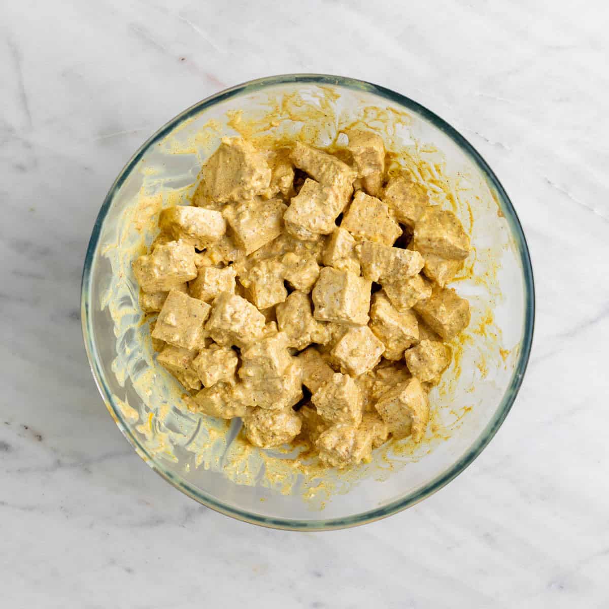 Tofu coated in yogurt marinade