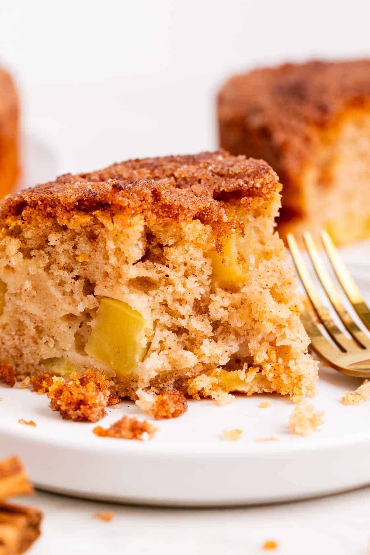 Close-up of vegan apple cake slice with fork and whole cake in the background